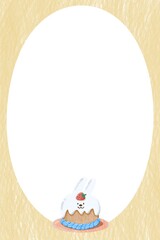 a bunny cake with cream and red strawberry on top with blue cream on plate and on white background. illustration birthday frame decoration. greeting card for blessing.