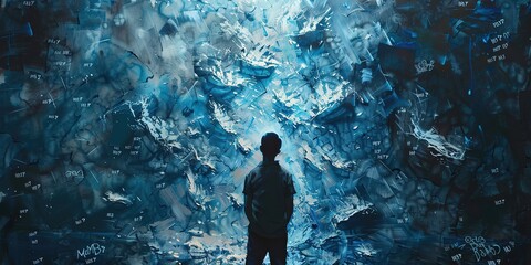 Fototapeta premium a man with messy wall with graffiti scripture, mysterious and horror feeling atmosphere background, dark fantasy illustration , Generative Ai