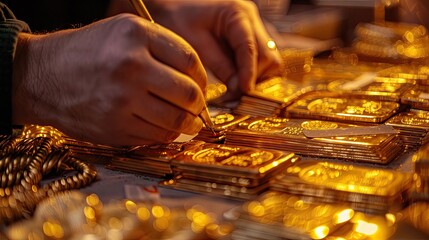 A man is writing on a gold coin with a pen