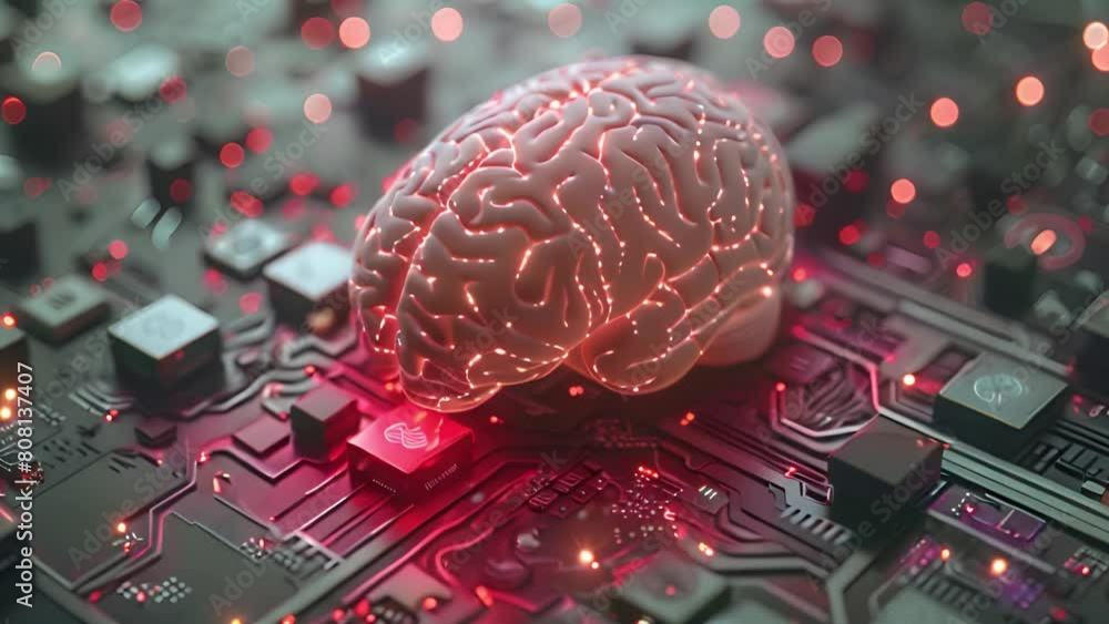 Poster a brain rests on top of a computer circuit board, symbolizing the fusion of technology and biology.