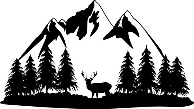 Vektor Silhouette Hirsch im Wald mit Bergen - Offline in der Natur - Abenteuer Wandern in den W&auml;ldern und Gebirgen - Wildnis Camping