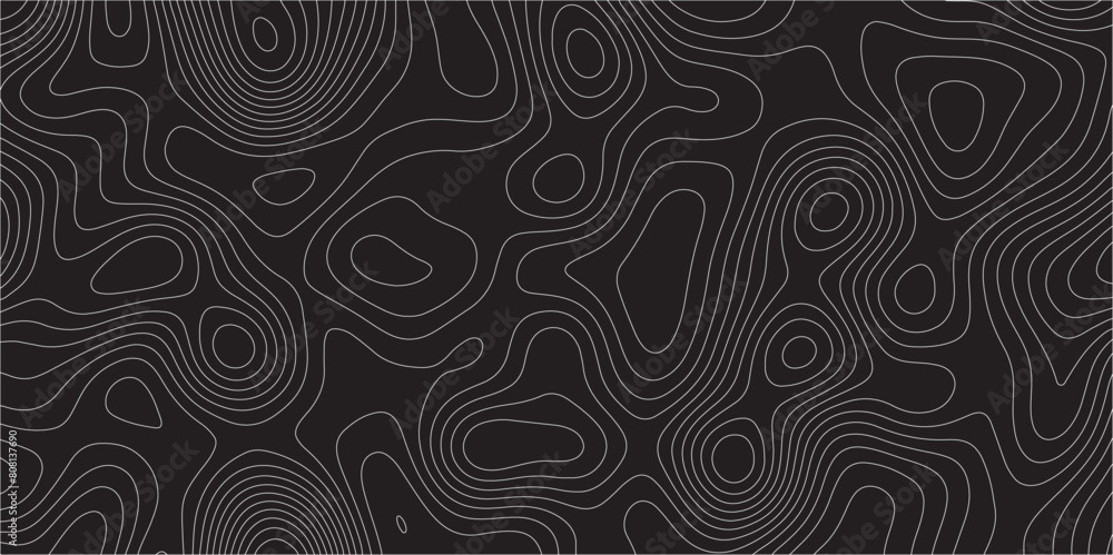 Poster Abstract white on black background Topographic line map pattern. Contour elevation topographic and textured Background Modern design with black background with topographic wavy patted.