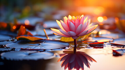 Beautiful pink lotus flower on the water with sunset background.
