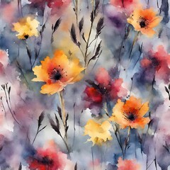 Watercolor Field Flowers Background.