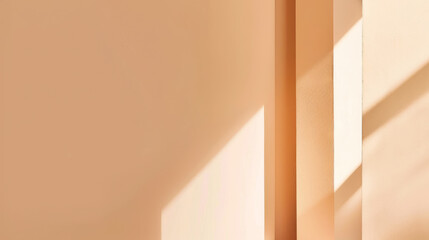 Contrasting sun shadows from the window on the apricot pink empty wall. A bright sunny day. Copy space. Mock up.