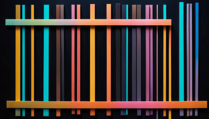 Abstract multicolored vertical and horizontal stripes on a black background. Set of acid color wide lines. Stylish wallpaper.