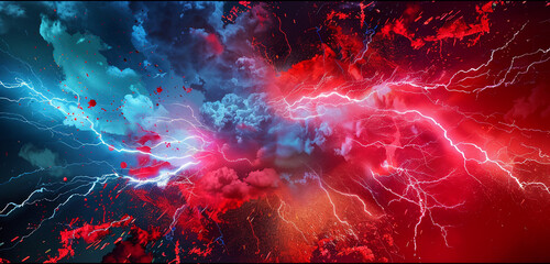 Red and azure bolts of lightning over an abstract patriotic color splash.