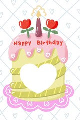 a green birthday cake with pink cream , flower and candle on top on heart pattern card,illustration birthday card decoration. greeting card for blessing.