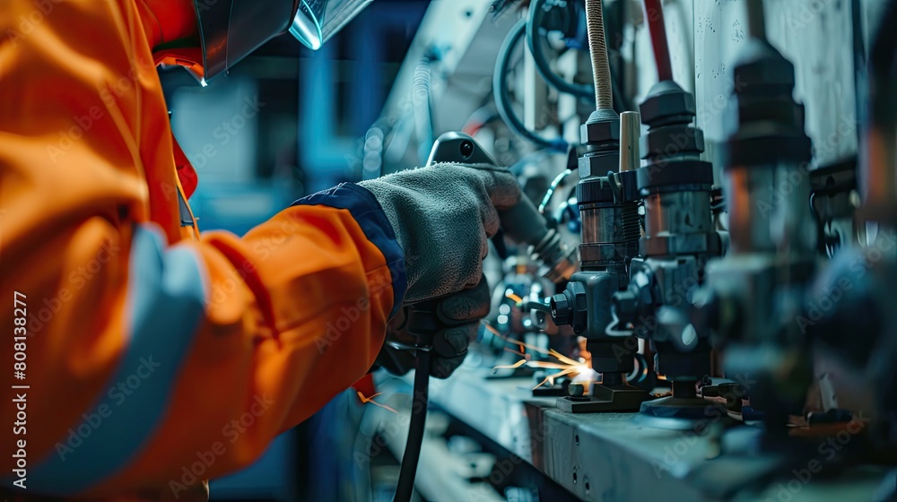 Poster a man in an orange jacket is working on a machine