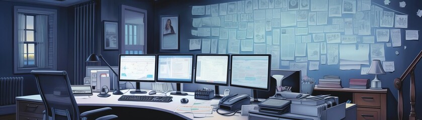 Fototapeta premium A ghostly office where spectral workers handle data management for the afterlife, ensuring smooth transitions for souls