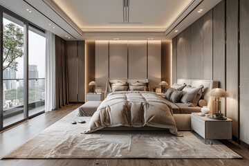 Soft, calming colors define the luxurious bedroom space.