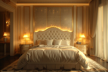 Soft, golden lighting illuminates the luxurious bedroom space.