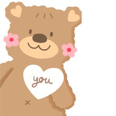 cute teddy bear with pink flowers on white background. illustration for card decoration .