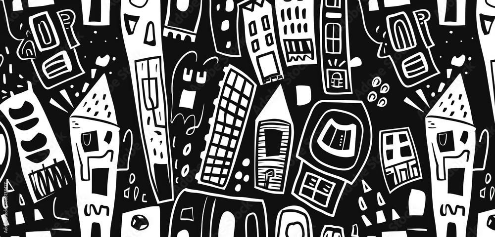 Poster continuous black and white doodle texture with abstract building forms.