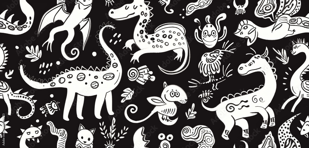 Poster mythical creatures in a doodle art form within a seamless black and white pattern.