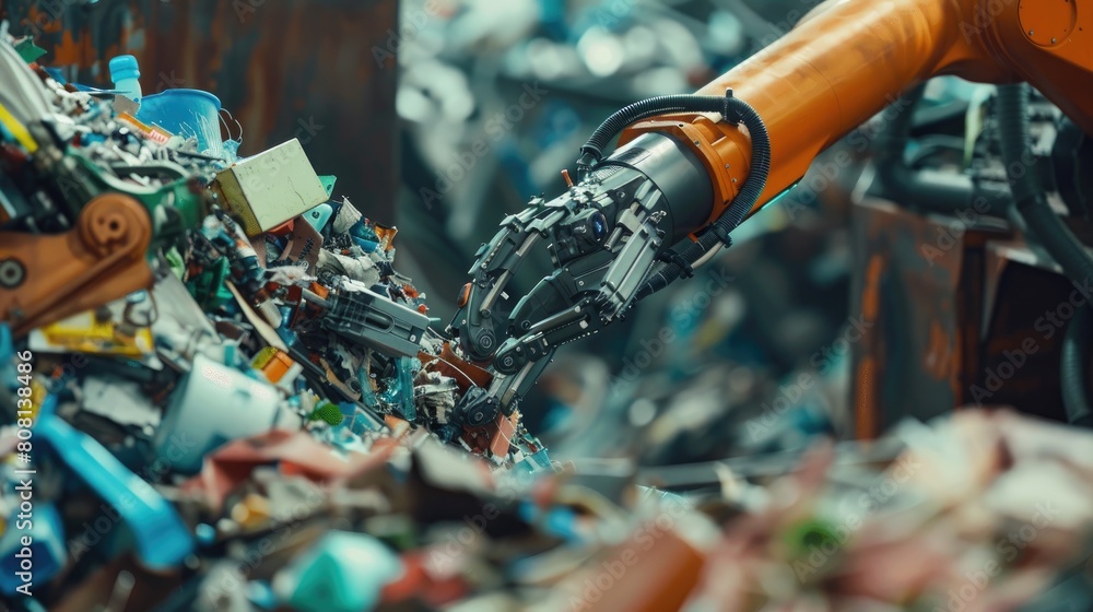 Poster close-up of a robot arm sorting through recycled materials, showcasing environmental applications of