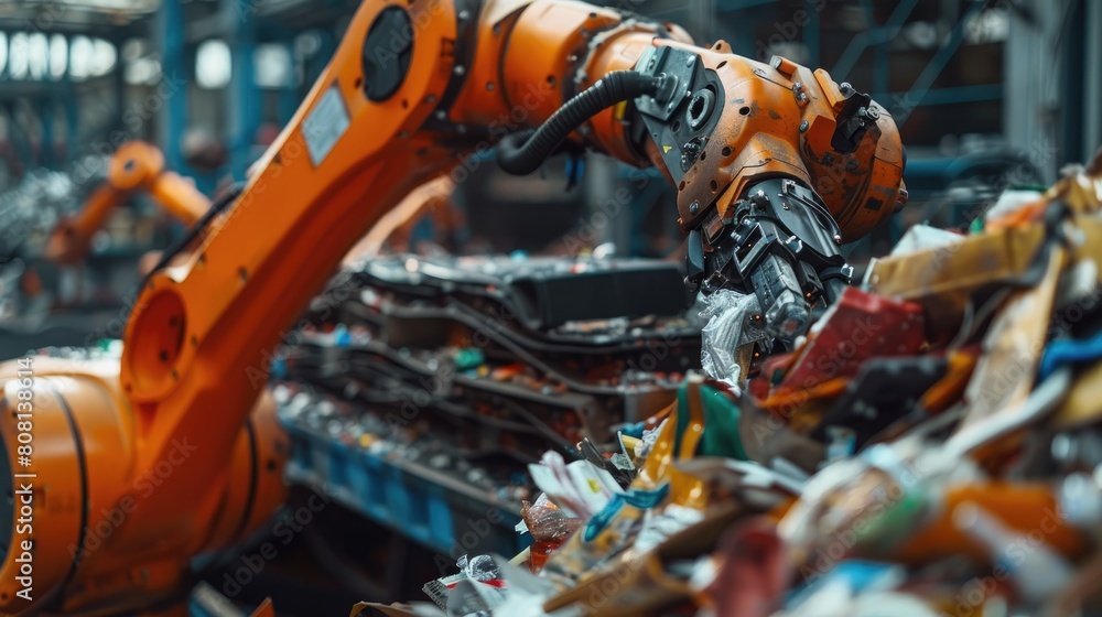 Poster close-up of a robot arm sorting through recycled materials, showcasing environmental applications of