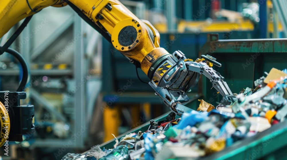Poster close-up of a robot arm sorting through recycled materials, showcasing environmental applications of