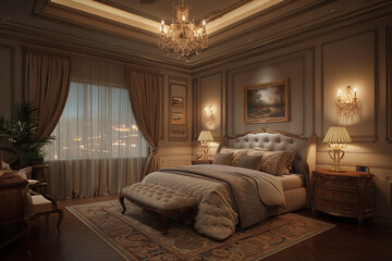 Soft, warm colors define the luxurious bedroom space.
