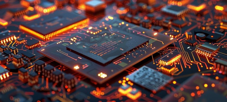 Show a close-up of a finished semiconductor chip, highlighting the intricate patterns and structures created.