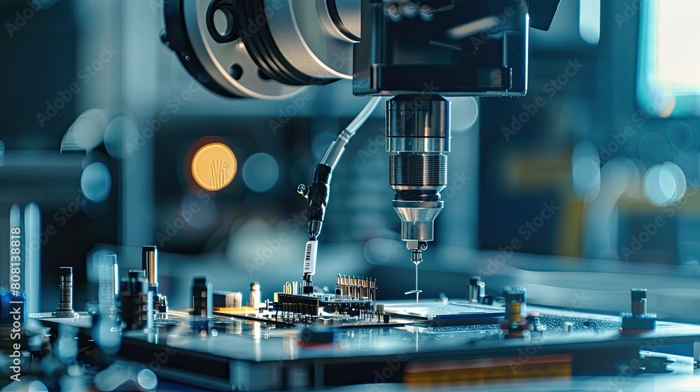 Poster close-up of a robotic arm handling delicate electronics assembly, focusing on precision and technolo