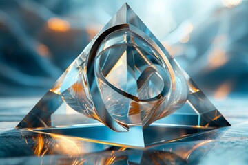 The image is of a 3D rendering of a blue crystal pyramid with a glowing white symbol in the center