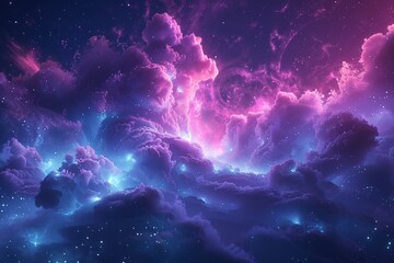Space Odyssey, Abstract space scene with stars and galaxies, Deep blue, purple, and pink, Metallic space station elements, Glowing celestial bodies and cosmic clouds