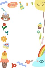 birthday illustration frame , a cute dog , , ice cream, air balloon , flower , birthday cake , sky and rainbow for card decoration