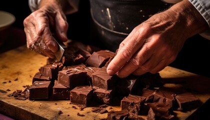Hands cutting up fresh chocolate on a wooden cutting board into perfect squares