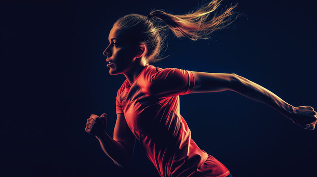 side view of athlete woman jogging on black background, professional running sport, fast speed trace and blurred motion, person runner concept