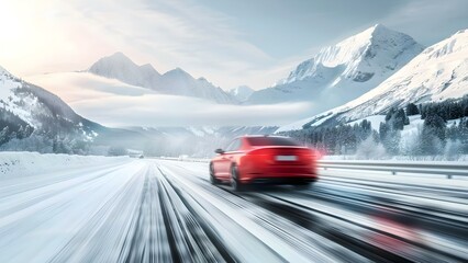 Speeding cars on highway with blurred motion set against snowy mountains landscape. Concept Blurred Motion, Speeding Cars, Snowy Mountains Landscape, Highway Scene