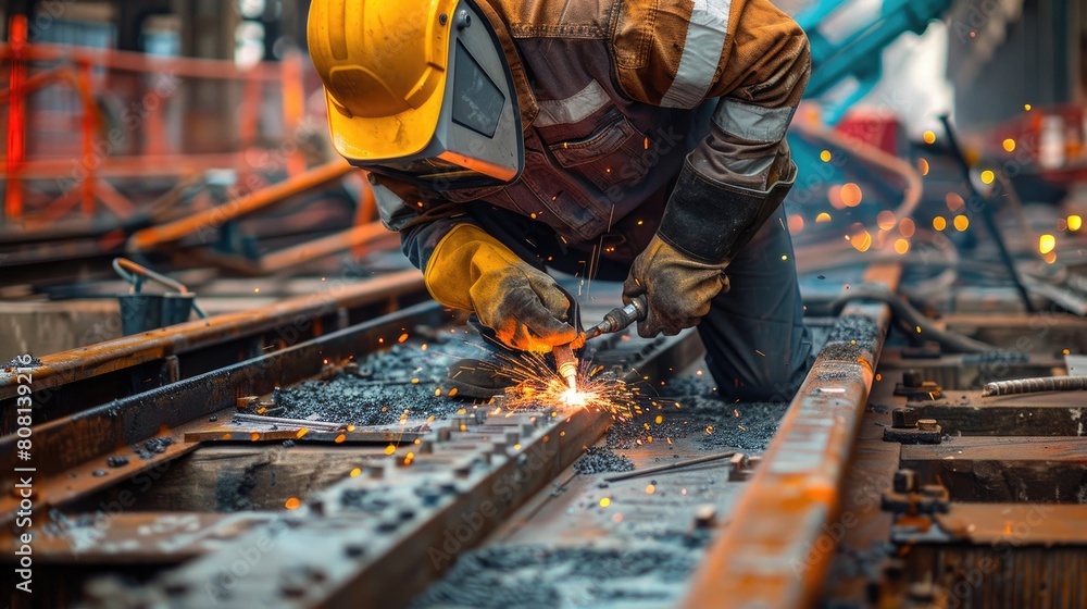 Poster close-up of a structural welder using advanced welding techniques to secure steel beams at a constru