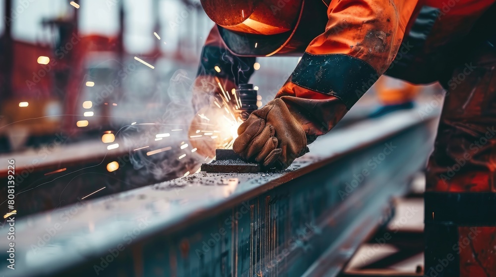 Aufkleber close-up of a structural welder using advanced welding techniques to secure steel beams at a constru