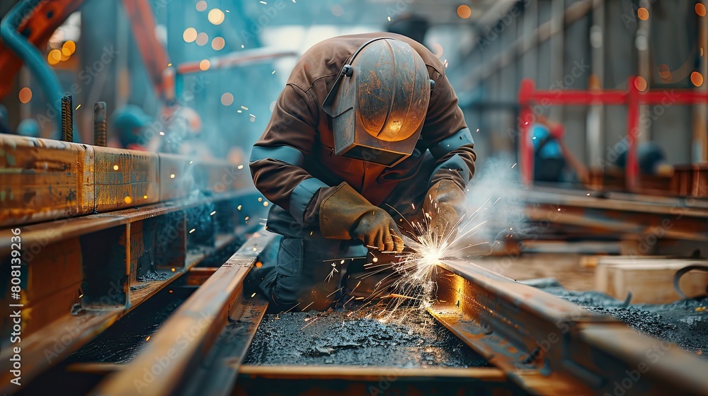 Aufkleber close-up of a structural welder using advanced welding techniques to secure steel beams at a constru