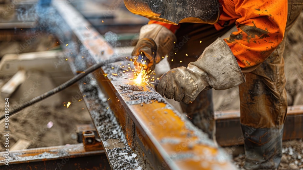 Poster close-up of a structural welder using advanced welding techniques to secure steel beams at a constru