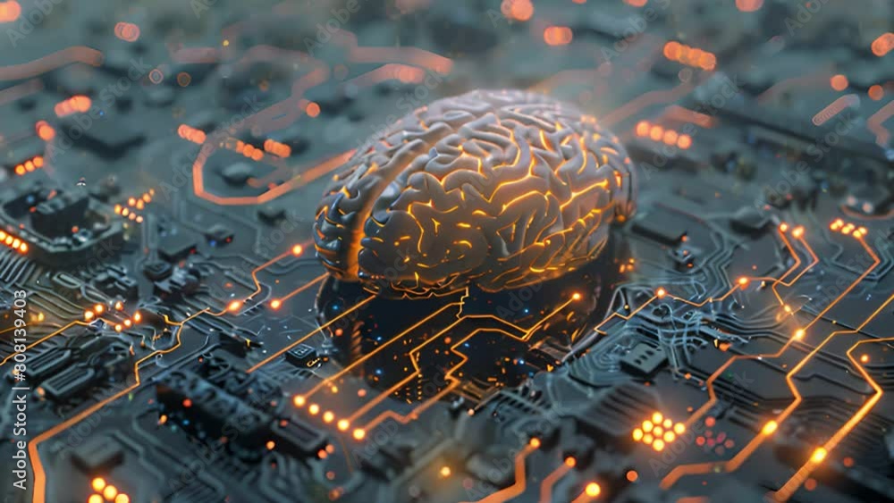 Poster a computer circuit board with a human brain placed on top, symbolizing artificial intelligence and t