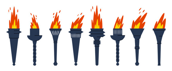 Set of Olympic torches with fire on white background. Symbols of relay race, competition victory.