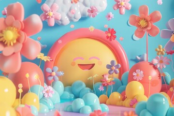 This is a 3D rendering of a whimsical landscape with a smiling sun, fluffy clouds, and colorful flowers. The overall aesthetic is playful and cheerful.