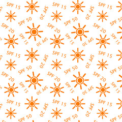 Seamless pattern for packaging and wrapping paper. Orange sun and SPF text on a white background. Sunscreens. Vector cartoon illustration. Print for a gift bag. Summer time.