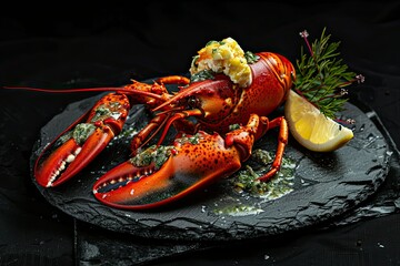 Lobster with flavored butter. Herb butter, lemon. Delicious healthy traditional food on black background 