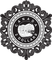 Canada 2 dollars coin with frame vector design handmade silhouette.