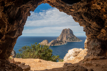 Es Vedra islet seen from Es Vedra cave, Sant Josep de Sa Talaia, Ibiza, Balearic Islands, Spain