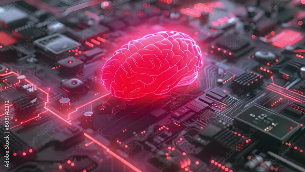 Poster a human brain placed on top of a computer circuit board, symbolizing artificial intelligence and tec