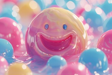 This is a picture of a colorful, glossy ball with a smiley face on it. It is surrounded by pastel-colored balls. The background is white. The image is cute and playful.