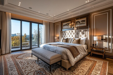 The luxurious bedroom features a spacious, private balcony.