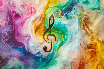 A Treble clef symbol in swirl of colorful background abstract concept for music, inspiration, creativity, sound performance and classical music