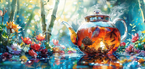 A steaming pot of summer tea. Self-care concept,  generative ai