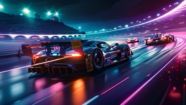 Multiple high-performance racing cars competing fiercely on a circuit, showcasing speed and skill, A thrilling night race with sport cars lighting up the track
