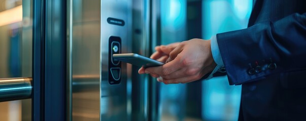 A bussines man wear in blue suit using smartphone for unlocking door.