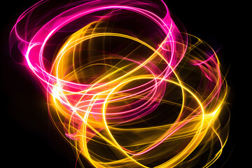 Neon swirls with vibrant yellow and pink glowing effects. Striking black background art.